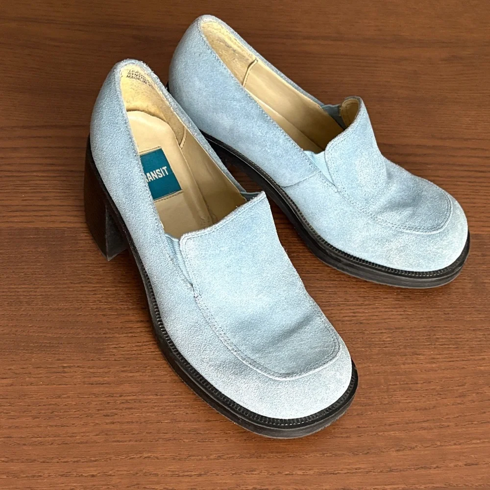 TRANSIT - Women's Blue Suede Chunky Heeled Loafers - Picture 1 of 11